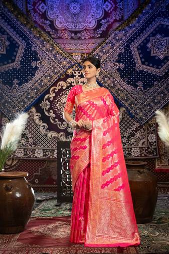 Pink Banarasi silk blend with zari woven design