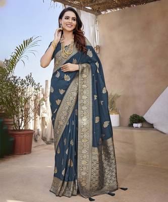 Royal Blue Banarasi Style Soft Silk blend Zari Border & Threads work Saree With Blouse 1