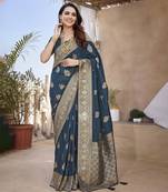 Royal Blue Banarasi Style Soft Silk blend Zari Border & Threads work Saree With Blouse