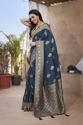 Royal Blue Banarasi Style Soft Silk blend Zari Border & Threads work Saree With Blouse 2