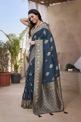 Royal Blue Banarasi Style Soft Silk blend Zari Border & Threads work Saree With Blouse