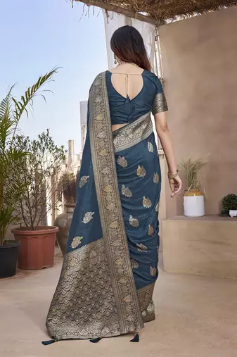 Royal Blue Banarasi Style Soft Silk blend Zari Border & Threads work Saree With Blouse