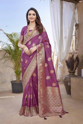 Lavender Banarasi Style Soft Silk blend Zari Border & Threads work Saree With Blouse 1