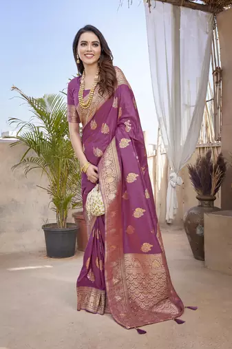 Lavender Banarasi Style Soft Silk blend Zari Border & Threads work Saree With Blouse
