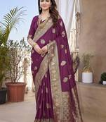 Purple Banarasi Style Soft Silk blend Zari Border & Threads work Saree With Blouse