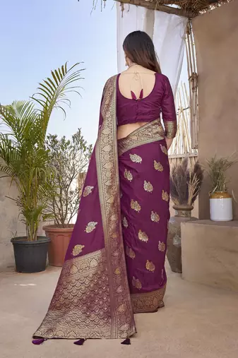 Purple Banarasi Style Soft Silk blend Zari Border & Threads work Saree With Blouse