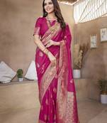 Pink Banarasi Style Soft Silk blend Zari Border & Threads work Saree With Blouse