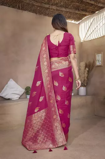 Pink Banarasi Style Soft Silk blend Zari Border & Threads work Saree With Blouse