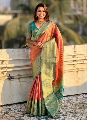Pink zari woven tissue silk saree with unstitched blouse piece 1