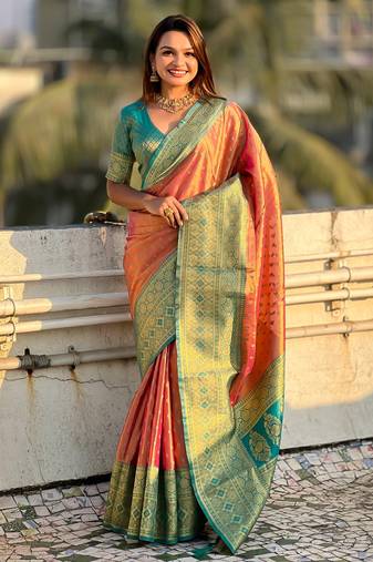 Pink zari woven tissue silk saree with unstitched blouse piece