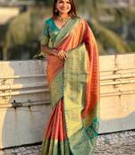 Pink zari woven tissue silk saree with unstitched blouse piece