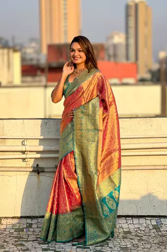 Pink zari woven tissue silk saree with unstitched blouse piece
