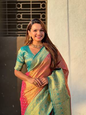Pink zari woven tissue silk saree with unstitched blouse piece 4