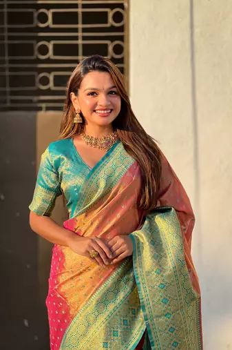 Pink zari woven tissue silk saree with unstitched blouse piece