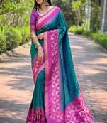 Teal  zari woven silk women's saree with blouse piece