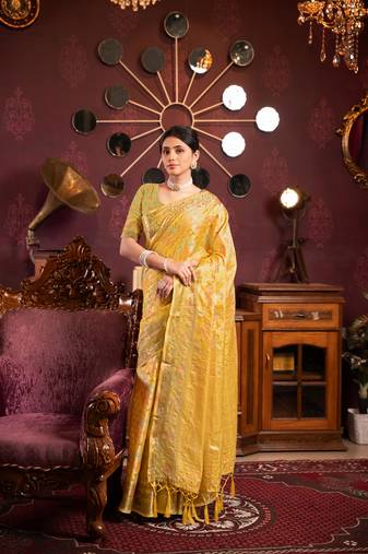 Yellow organza silk with woven zari work