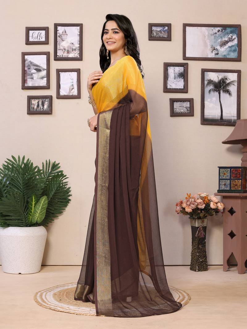 Ready To Wear Yellow Chiffon Saree With woven stripe work Saree With Blouse