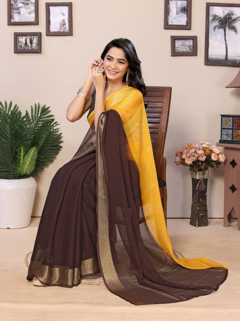 Ready To Wear Yellow Chiffon Saree With woven stripe work Saree With Blouse