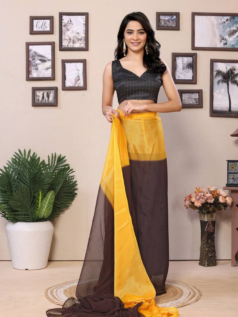 Ready To Wear Yellow Chiffon Saree With woven stripe work Saree With Blouse