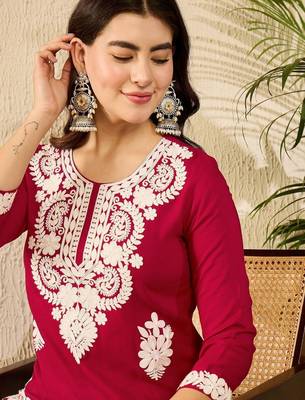 women red viscose rayon solid embroidered straight kurta 1
