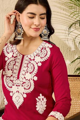 women red viscose rayon solid embroidered straight kurta