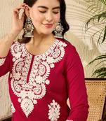 women red viscose rayon solid embroidered straight kurta