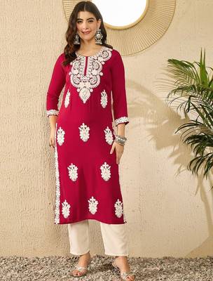 women red viscose rayon solid embroidered straight kurta 2