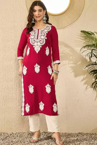 women red viscose rayon solid embroidered straight kurta