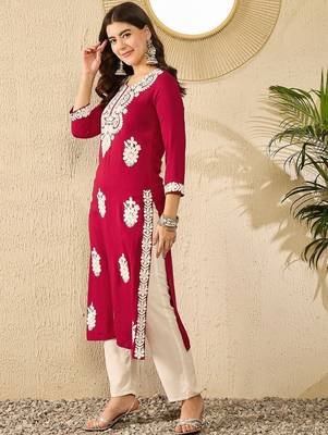 women red viscose rayon solid embroidered straight kurta 3
