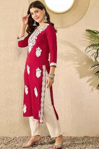 women red viscose rayon solid embroidered straight kurta