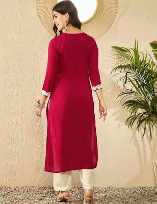 women red viscose rayon solid embroidered straight kurta 4