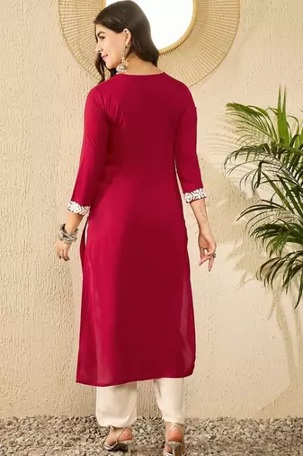 women red viscose rayon solid embroidered straight kurta
