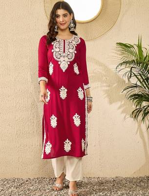 women red viscose rayon solid embroidered straight kurta 5