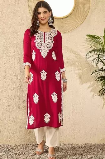 women red viscose rayon solid embroidered straight kurta