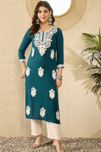 women blue viscose rayon solid embroidered straight kurta