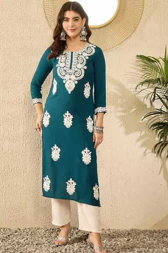 women blue viscose rayon solid embroidered straight kurta