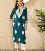 women blue viscose rayon solid embroidered straight kurta