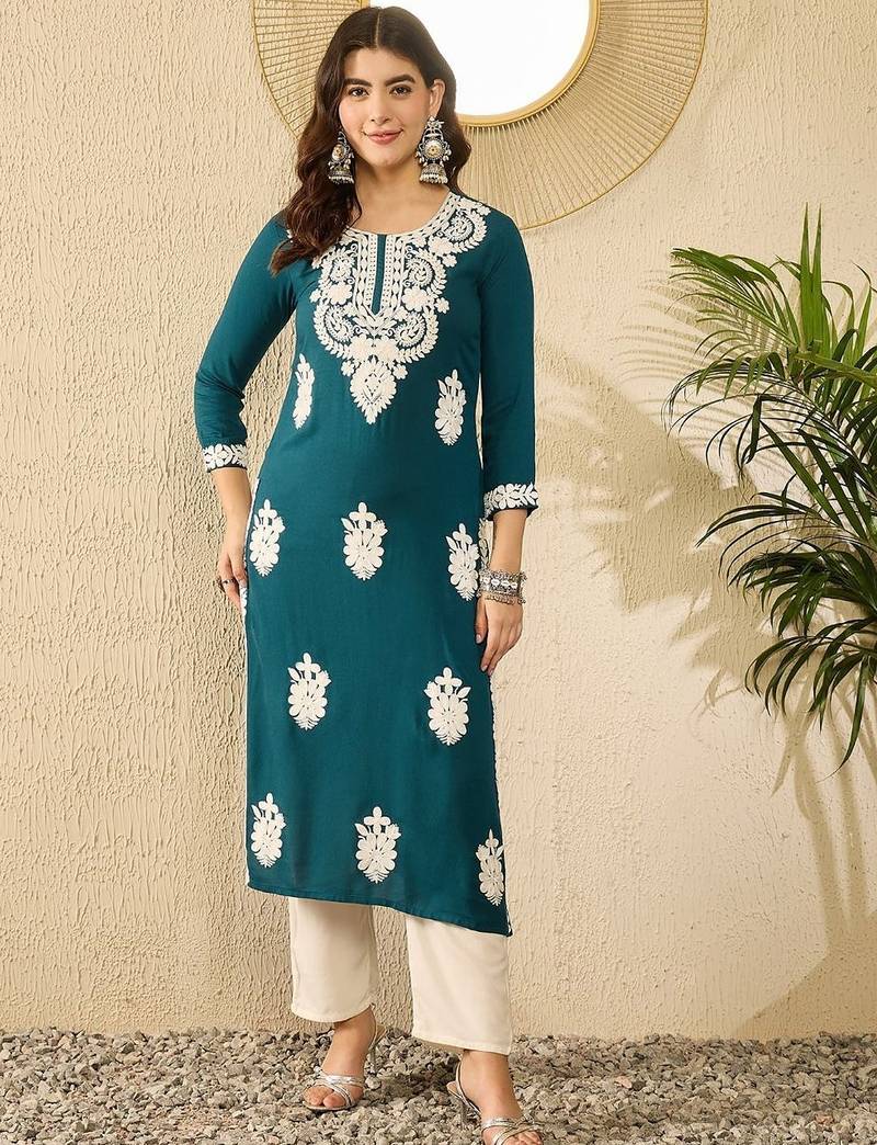 women blue viscose rayon solid embroidered straight kurta