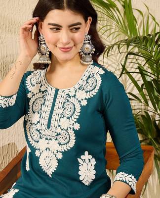 women blue viscose rayon solid embroidered straight kurta 2