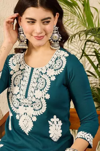 women blue viscose rayon solid embroidered straight kurta