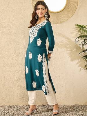 women blue viscose rayon solid embroidered straight kurta 3