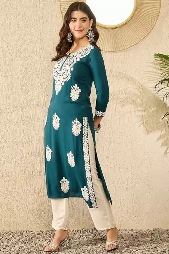 women blue viscose rayon solid embroidered straight kurta
