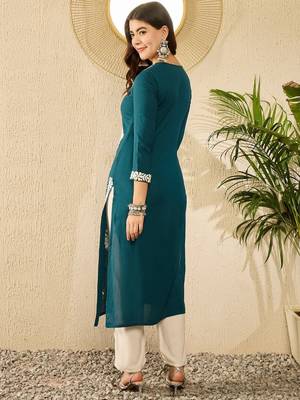 women blue viscose rayon solid embroidered straight kurta 4