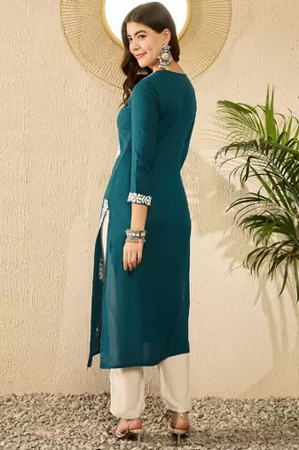 women blue viscose rayon solid embroidered straight kurta