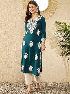 women blue viscose rayon solid embroidered straight kurta 5