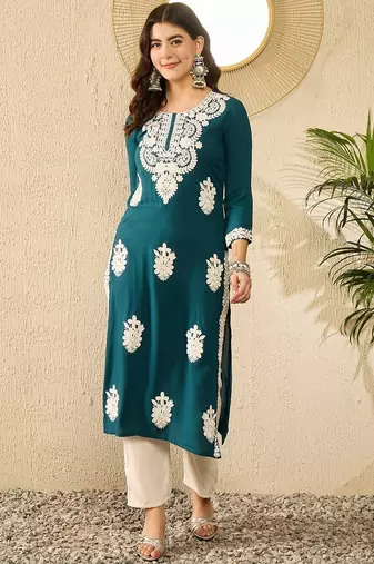 women blue viscose rayon solid embroidered straight kurta