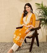 women yellow viscose rayon solid embroidered straight kurta