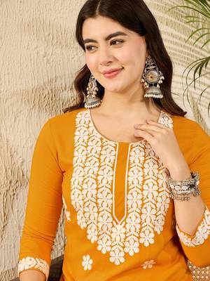 women yellow viscose rayon solid embroidered straight kurta 2