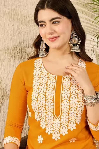 women yellow viscose rayon solid embroidered straight kurta