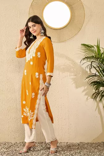 women yellow viscose rayon solid embroidered straight kurta